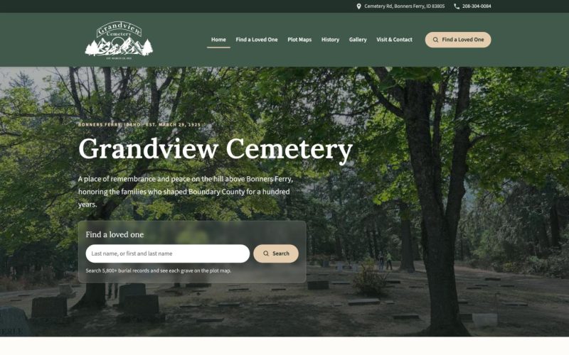 Homepage of the Grandview Cemetery website