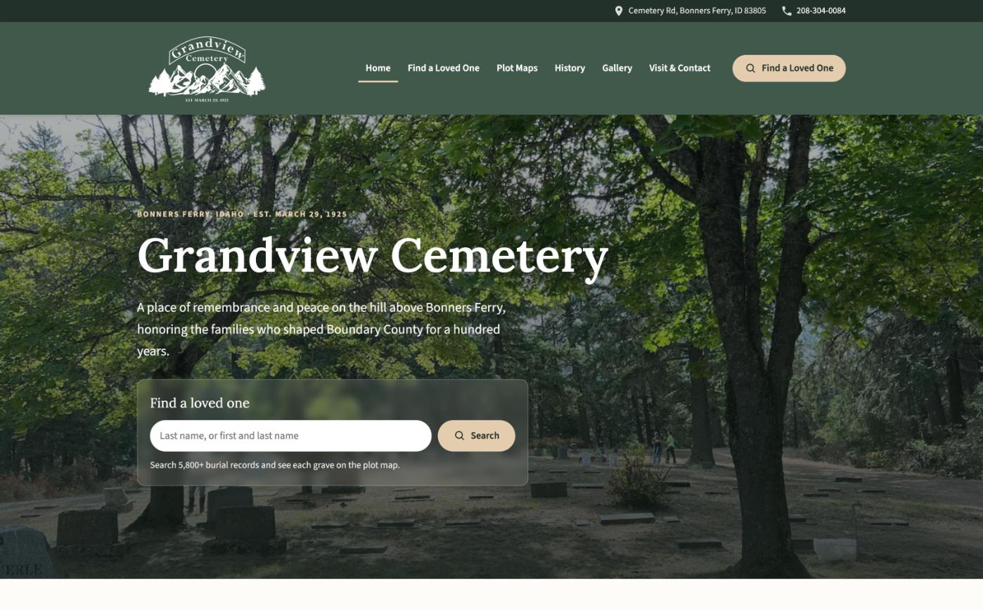 Homepage of the Grandview Cemetery website